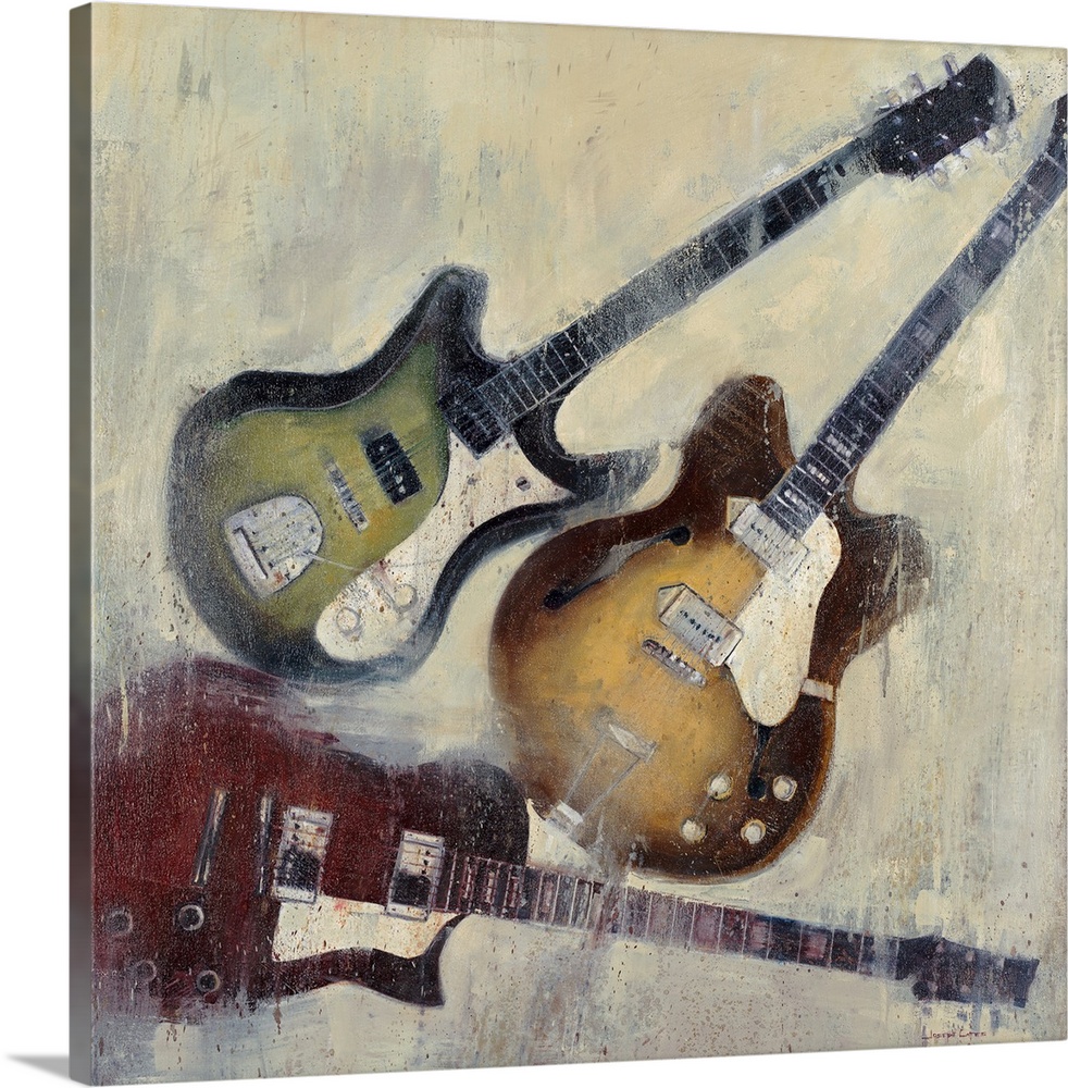 Painting of three different color guitars on a textured neutral color background.