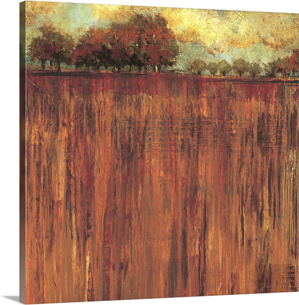 Contemporary painting of a warm toned field leading to trees in the distance.
