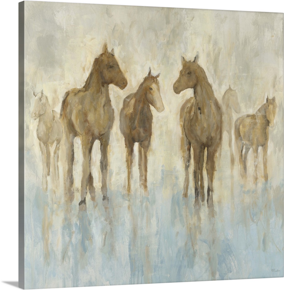 Contemporary painting of a small group of horses standing in a soft blue environment.