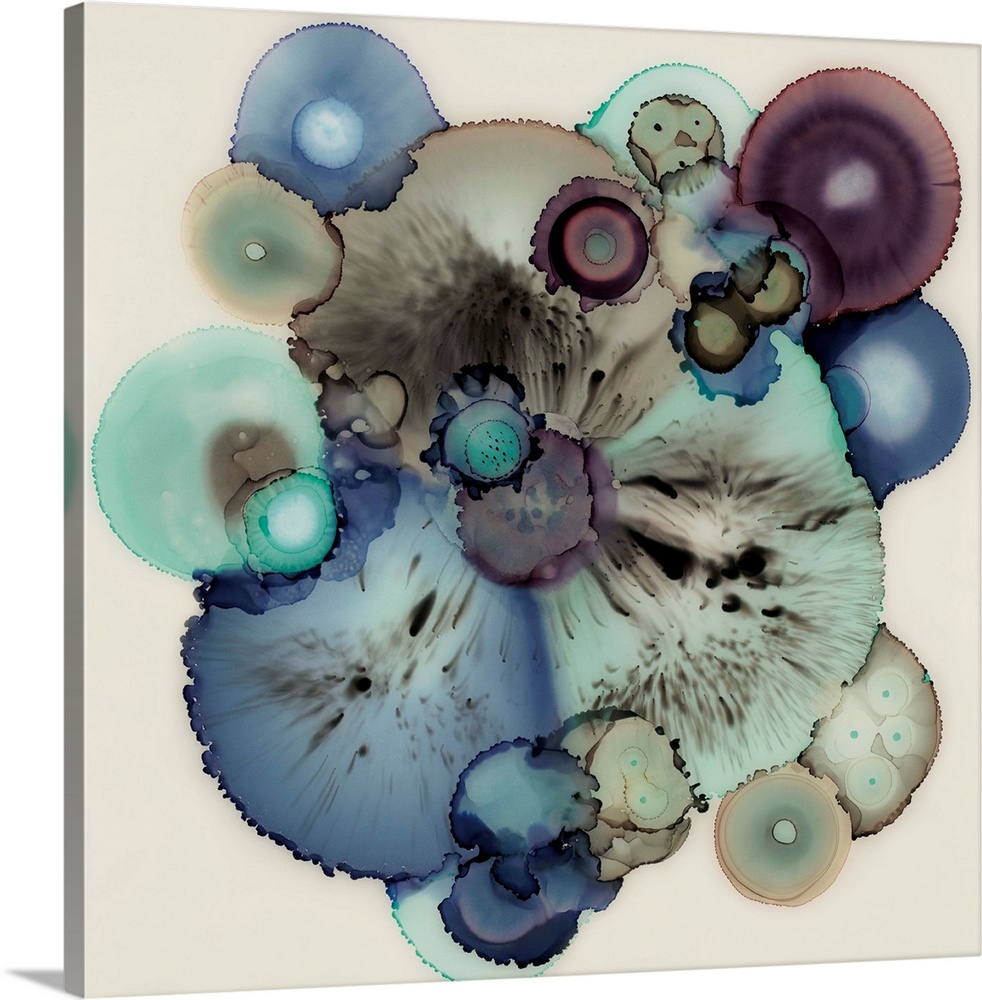 Translucent splattered paint formed into circles with bold blue, brown, and purple hues on a square canvas.