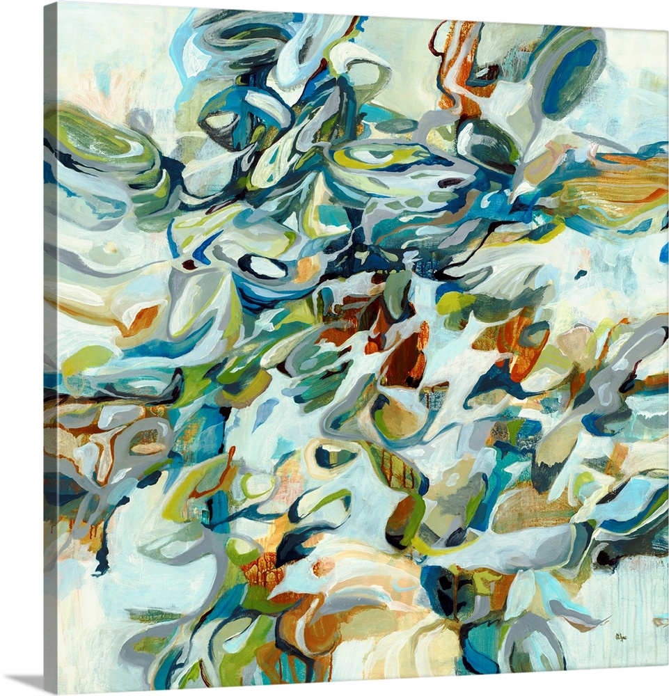 A contemporary painting in shades of leaf green and teal of organic shapes that resemble coral