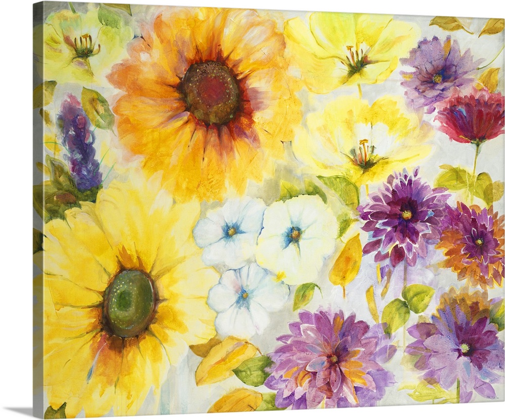 A painting of vibrant yellow and purple garden flowers.
