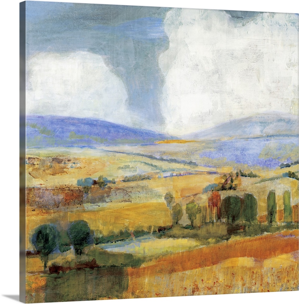 Square contemporary painting of a golden countryside of rolling hills and trees beneath a sky with large fluffy clouds.
