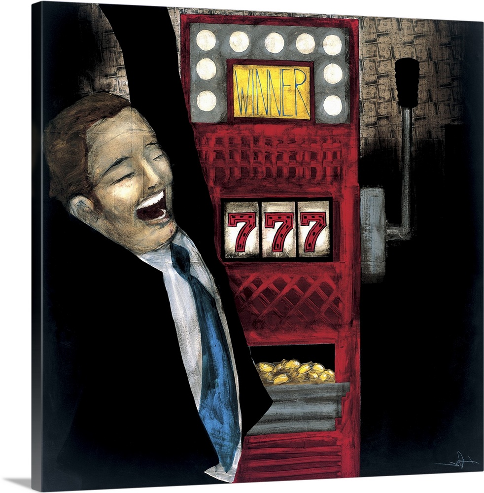 A painting of a man cheering from winning tons of money from a casino slot machine.