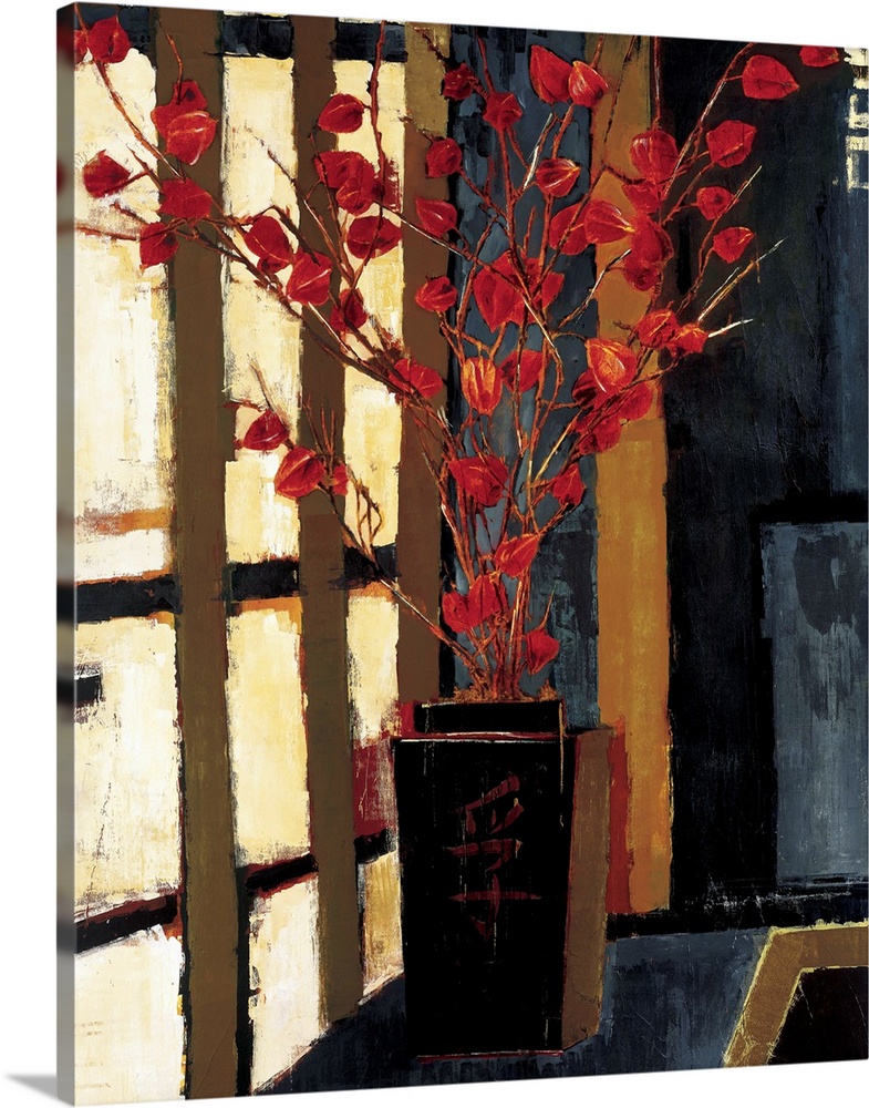 Contemporary painting of a Japanese style vase with a red plant sticking out of it.