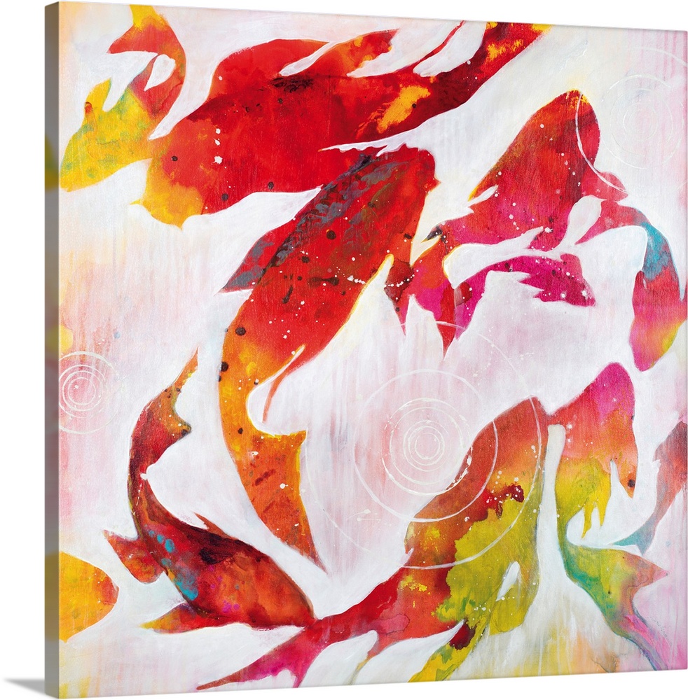 Contemporary painting of colorful koi swimming in a pond.