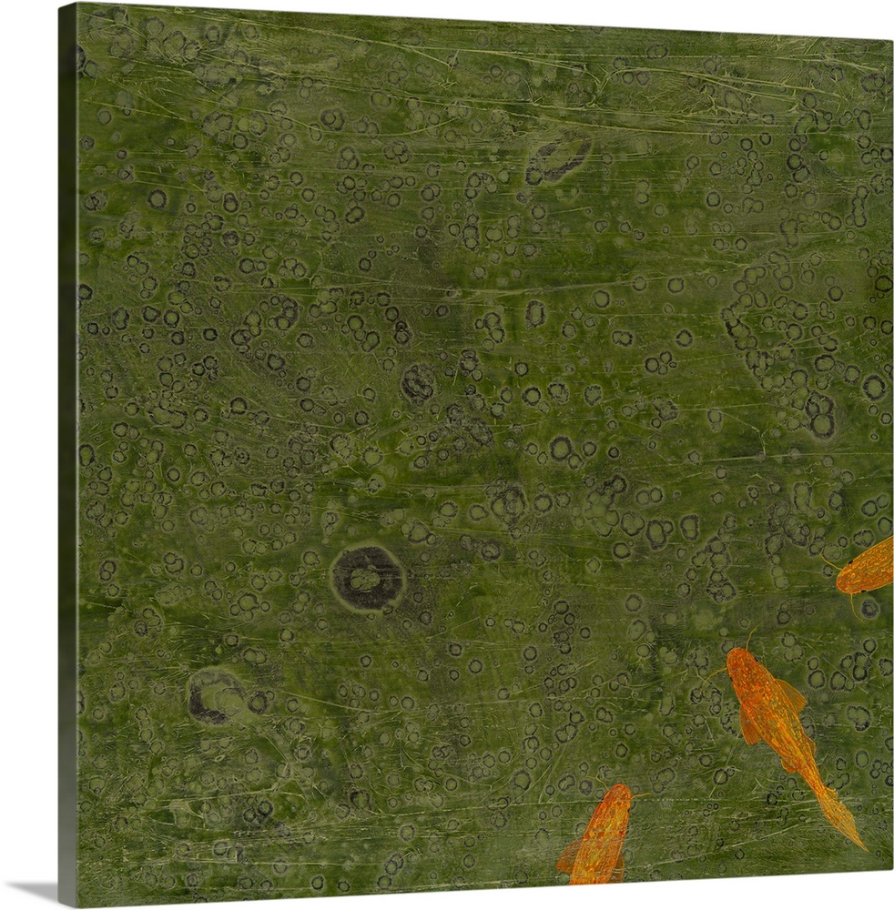 Square painting with textured, dark green water and three orange koi fish in the bottom right corner.