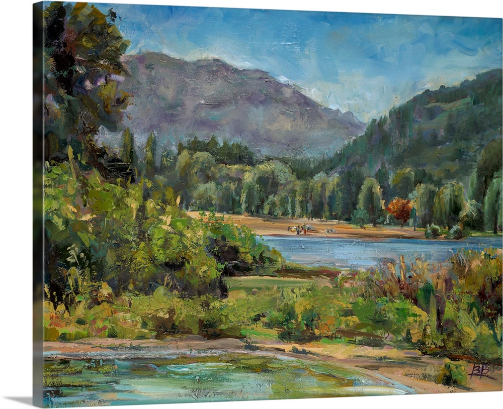 Contemporary landscape painting with a mountain in the background.