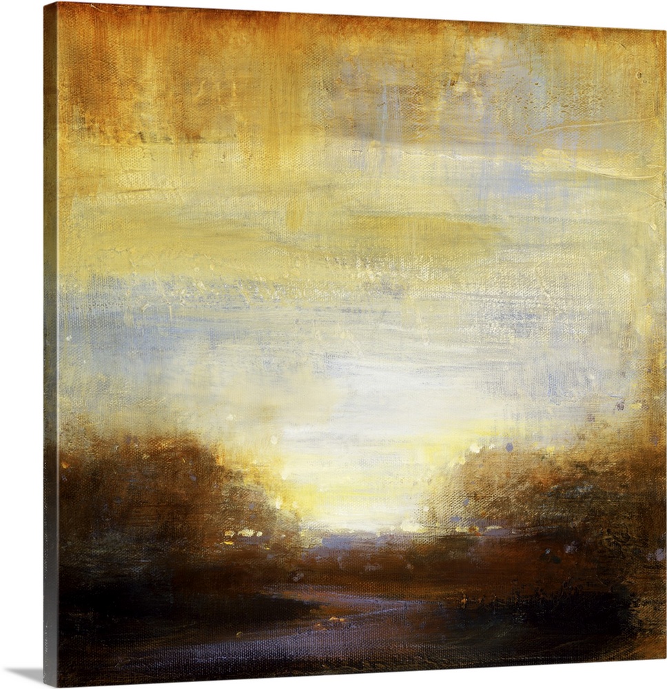 Contemporary painting of a scenic landscape in textured warm earth tones.