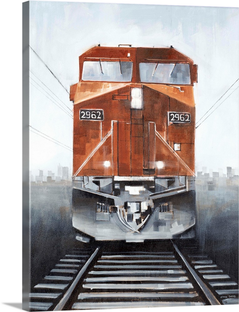 Contemporary painting of the front of a burnt orange train with the tracks in the foreground and a city skyline in the bac...