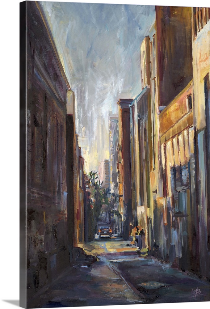 Contemporary painting looking through a corridor of an urban block.