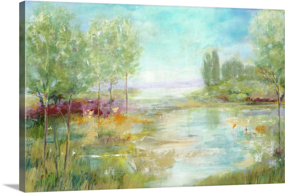 Contemporary landscape painting looking out over lowlands surrounded by green foliage.