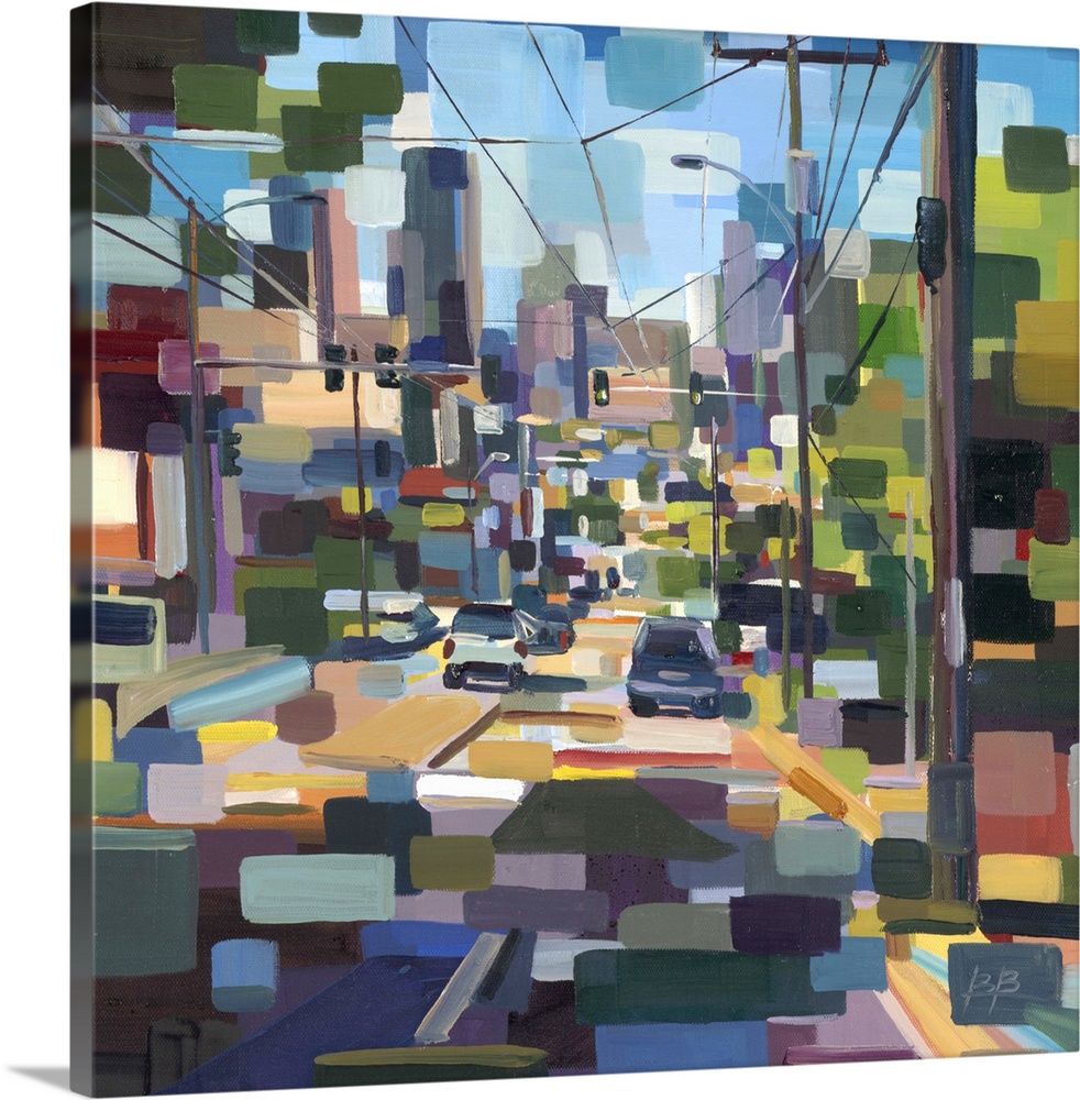 Contemporary abstract painting looking down a neighborhood street deconstructed in to geometric shapes.