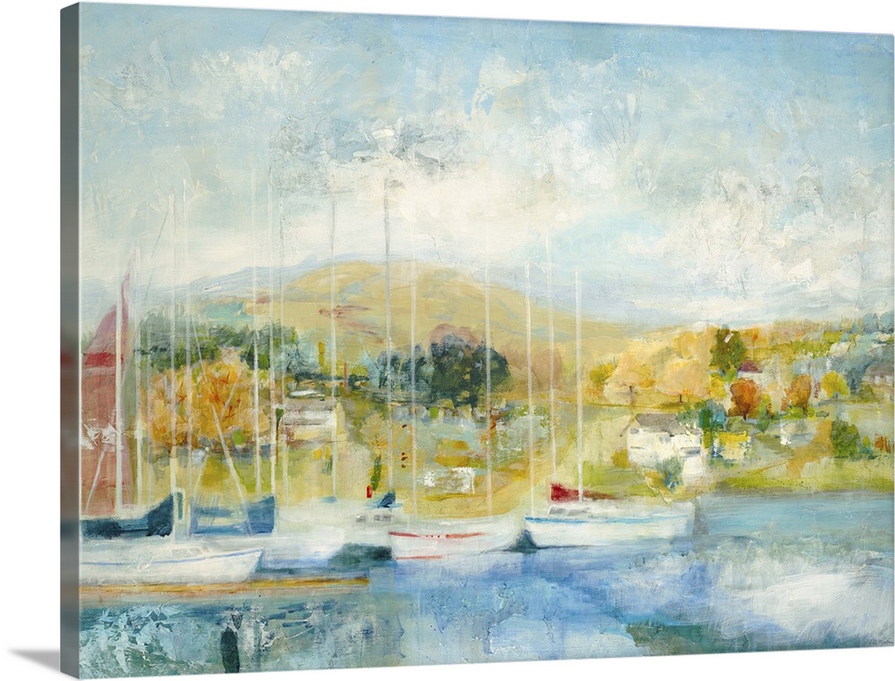 Contemporary painting looking out at a marina filled with sailboats.