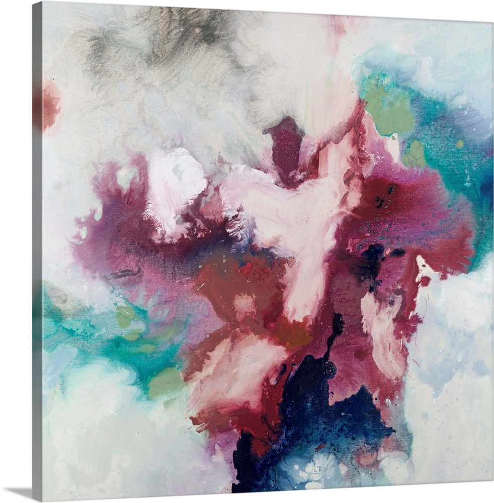 Square abstract painting with shades of blue, green, gray, and white with bold marsala hues pulling them all in to the cen...