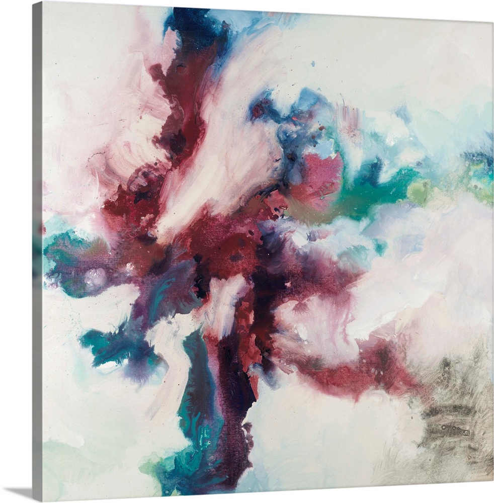 Square abstract painting with shades of blue, green, gray, and white with bold marsala hues pulling them all in to the cen...