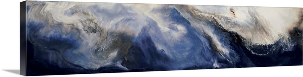 Panoramic abstract painting with deep blue hues forming together with brown and white hues to create a marbled look.