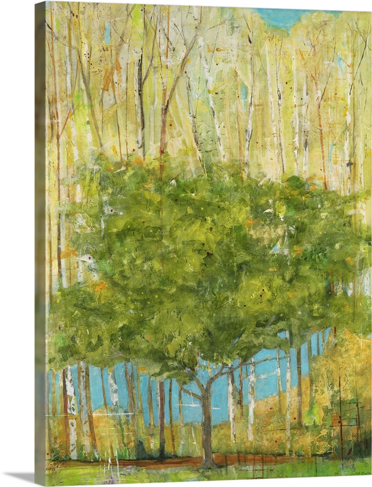 Contemporary painting of a single green tree dwarfed by taller trees with pale foliage.