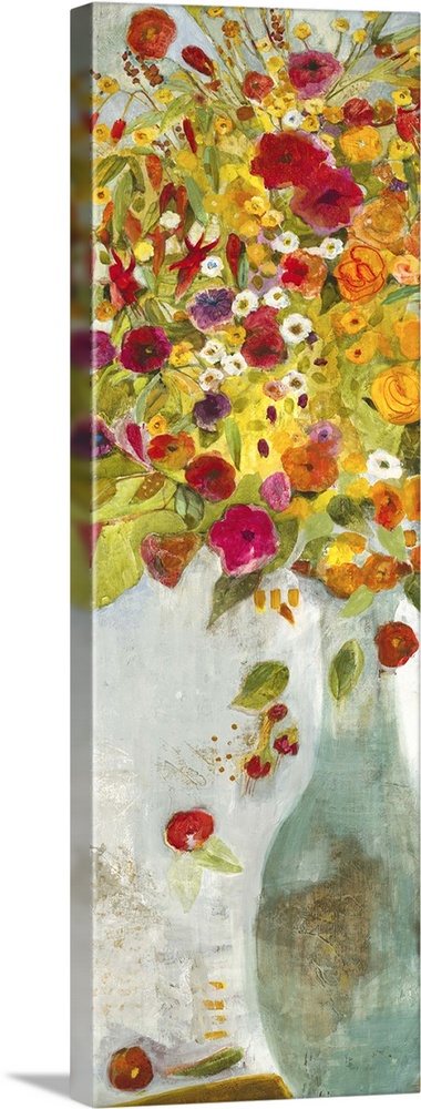 A contemporary painting of a pale blue vase holding flowers in red orange and yellow tones.