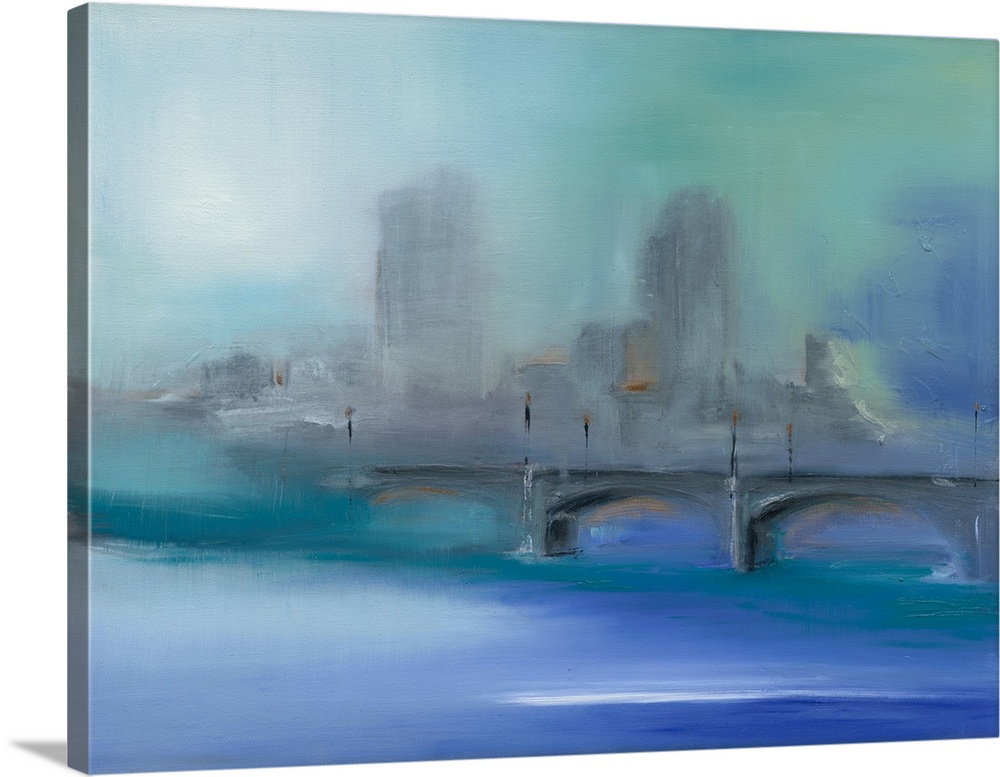 Contemporary abstract painting of a gray city skyline with a bridge and bright blue water in the foreground.