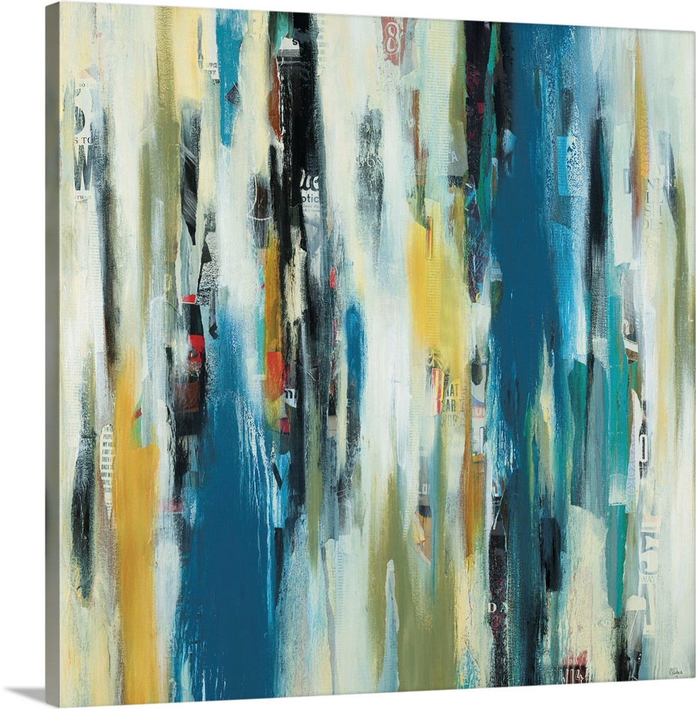 Contemporary abstract painting using a a color palette of a blue yellow and green tones in vertical movements.