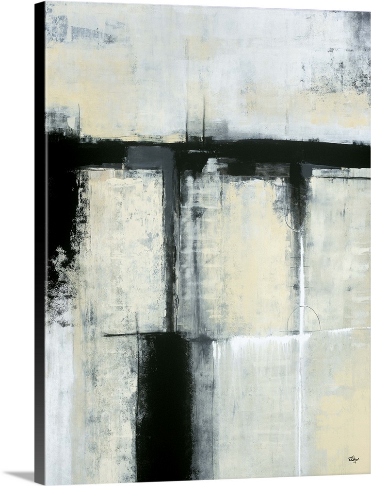A contemporary abstract painting using neutral colors in a distressed look.
