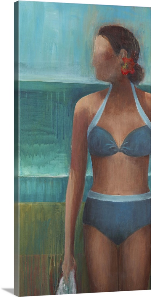Contemporary figurative painting of a woman wearing a blue bikini.