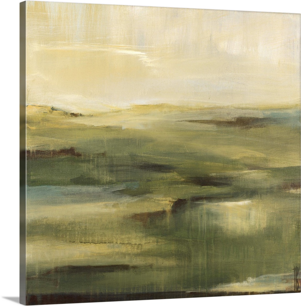Contemporary abstract painting of a muted green landscape under a neutral toned sky.