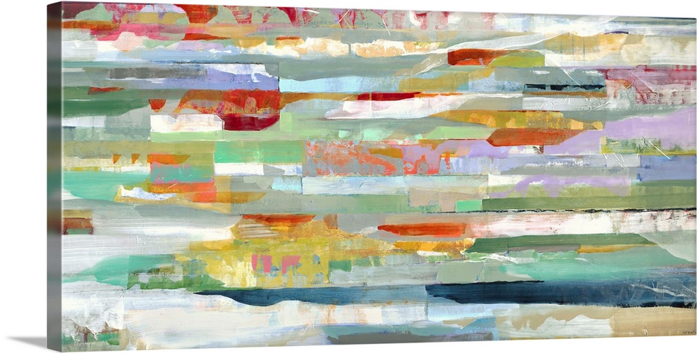 A contemporary abstract painting of multi-colored horizontal lines.