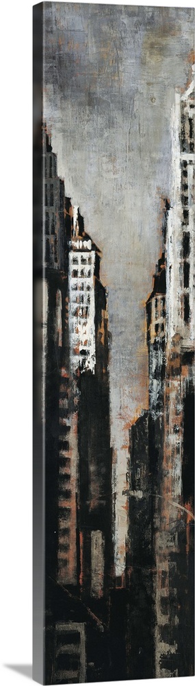 Contemporary painting of a narrow look into the urban jungle of the New York City skyline.