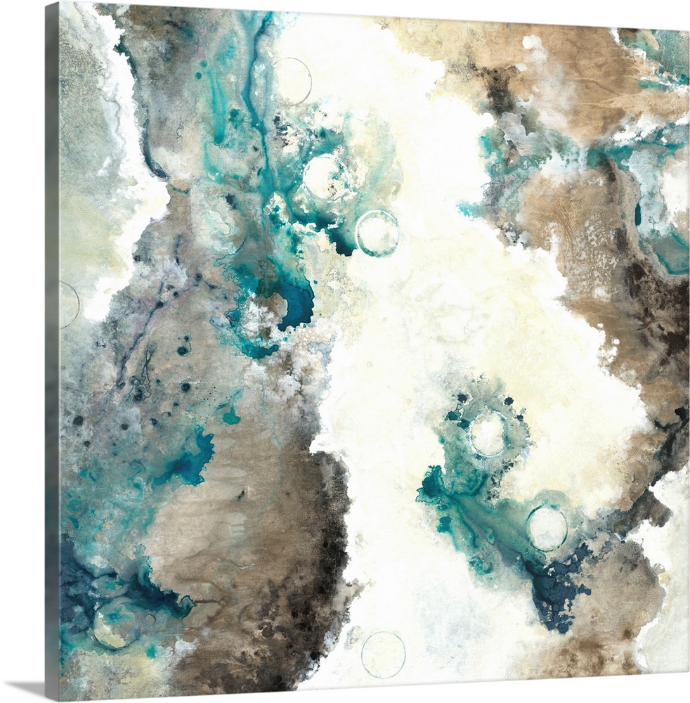 Square abstract painting with marbling colors in shades of brown, gray, cream, and blue.