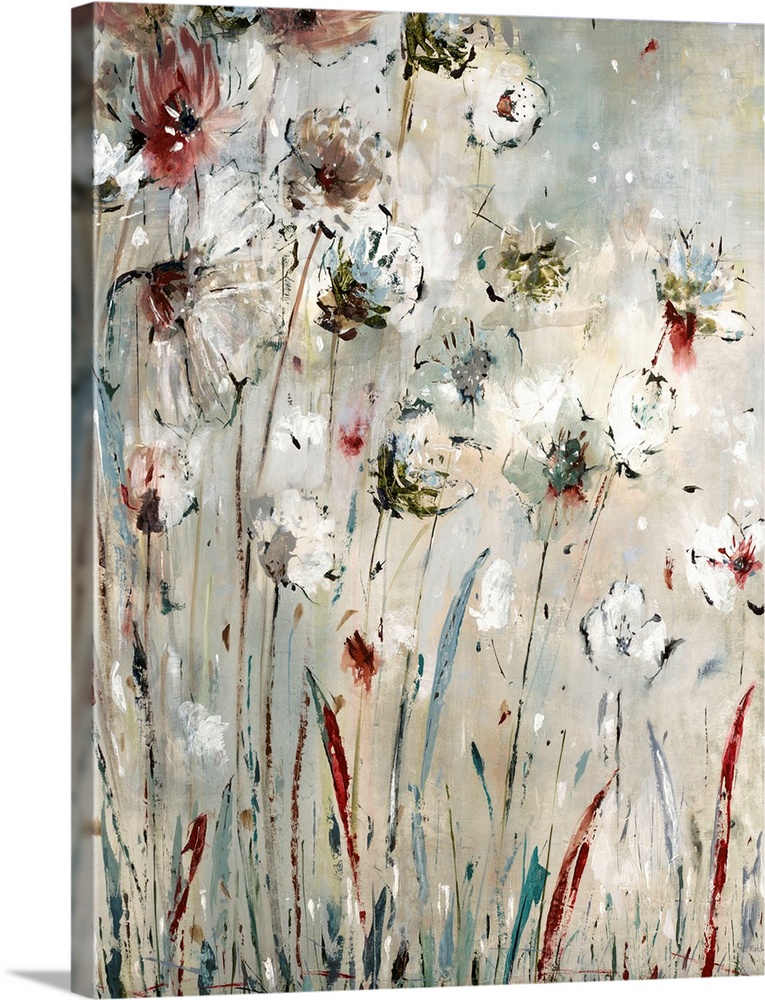 Abstract painting of long stemmed flowers in shades of red, blue, white, and gray with a little bit of yellow in the backg...