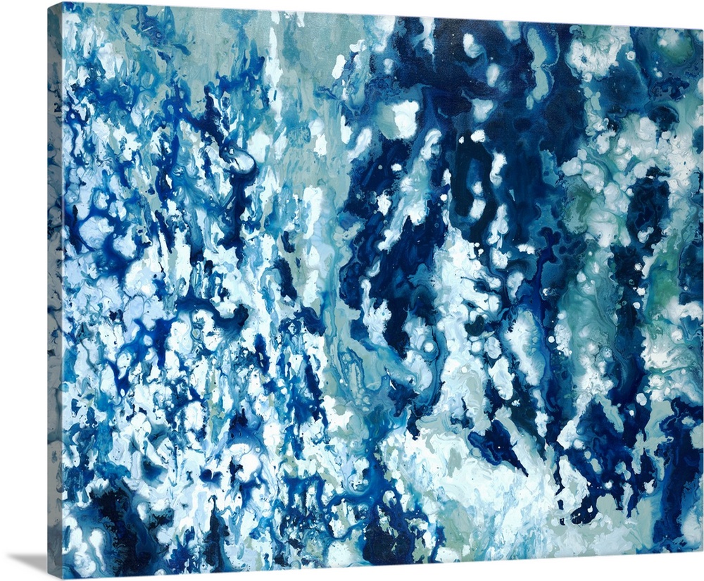 Abstract painting with shades of blue marbled together with white.