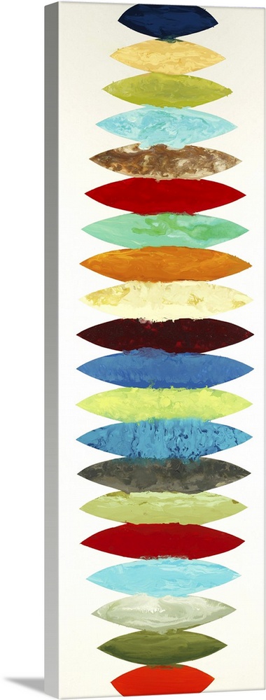 Vertical panoramic abstract painting with different colored oblong shapes lined up together going across the center with t...