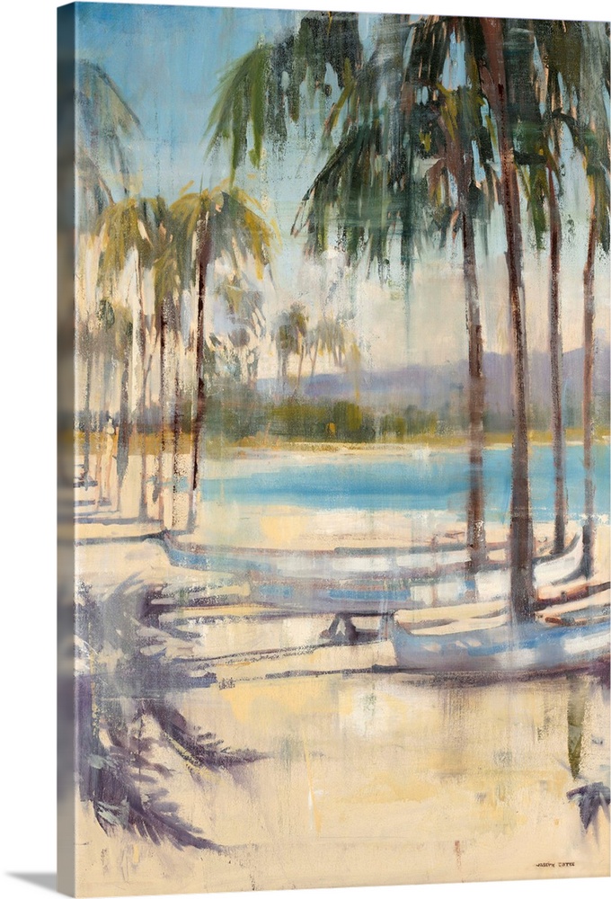 Contemporary landscape painting of a tropical beach scene with tall palm trees and a few canoes with the blue ocean in the...