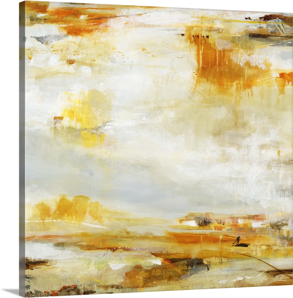 A contemporary abstract painting of splashes of golden orange and brown against a neutral background.
