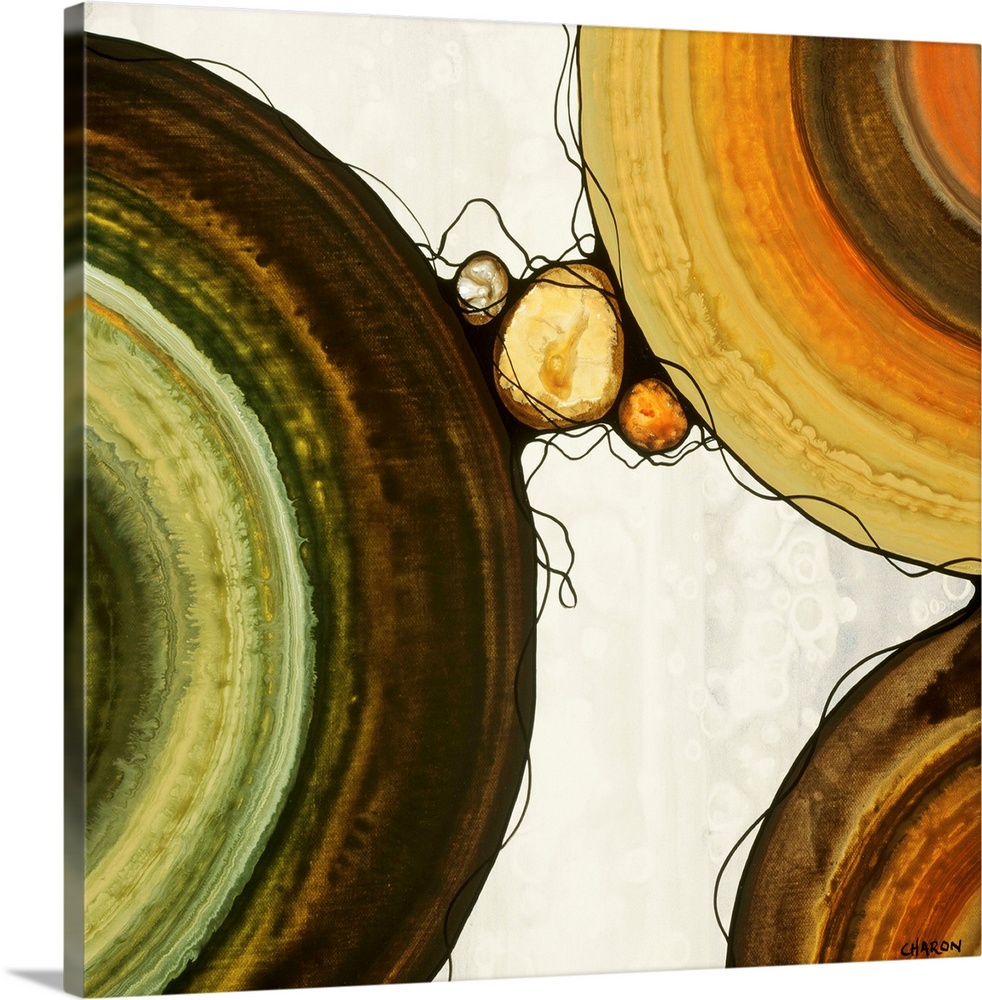 Abstract painting with a geometric circle designs in orange, yellow, green, and brown tones on a lightly designed cream ba...