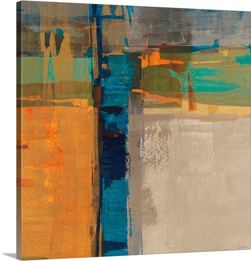 A bright square abstract painting of thick crossing colors of orange, blue, yellow and green.