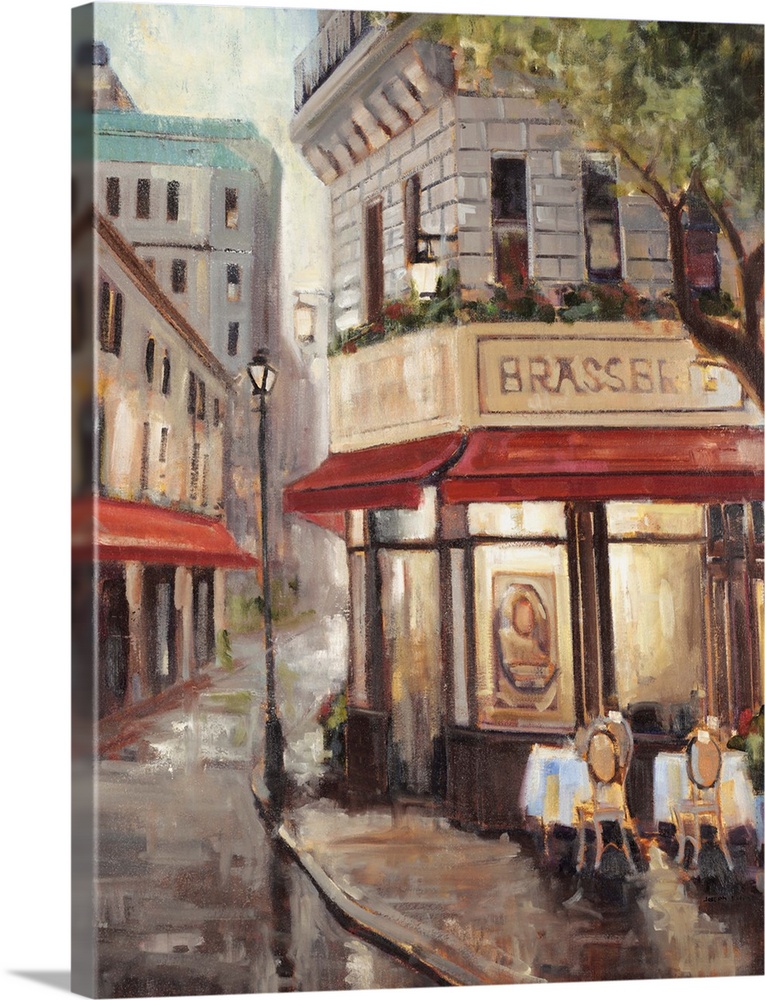 Painting of a Parisian street cafe scene.