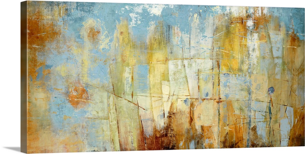 Oversized landscape contemporary art with patchy areas of varying rust colored shapes on a blue background.