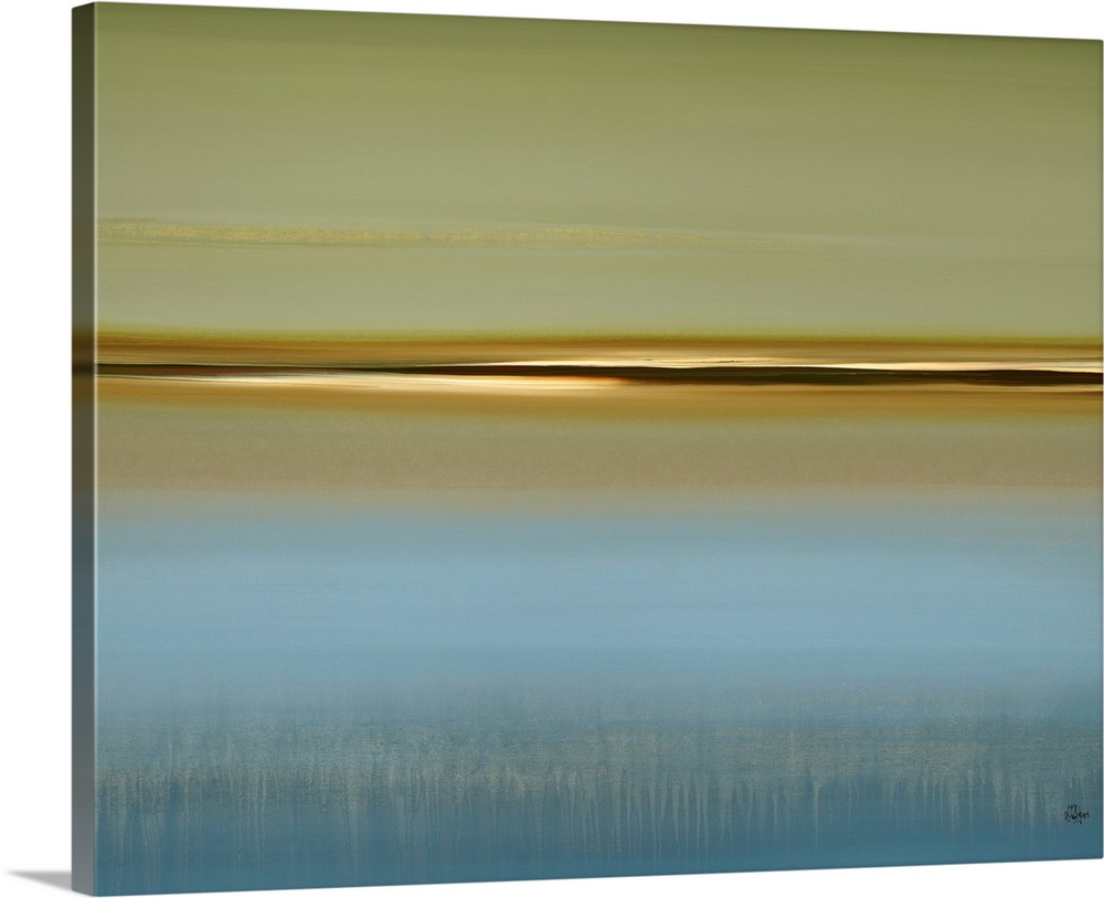 Horizontal, oversized abstract wall hanging of a flat horizon surrounded by calm water and open sky with a sense of tranqu...