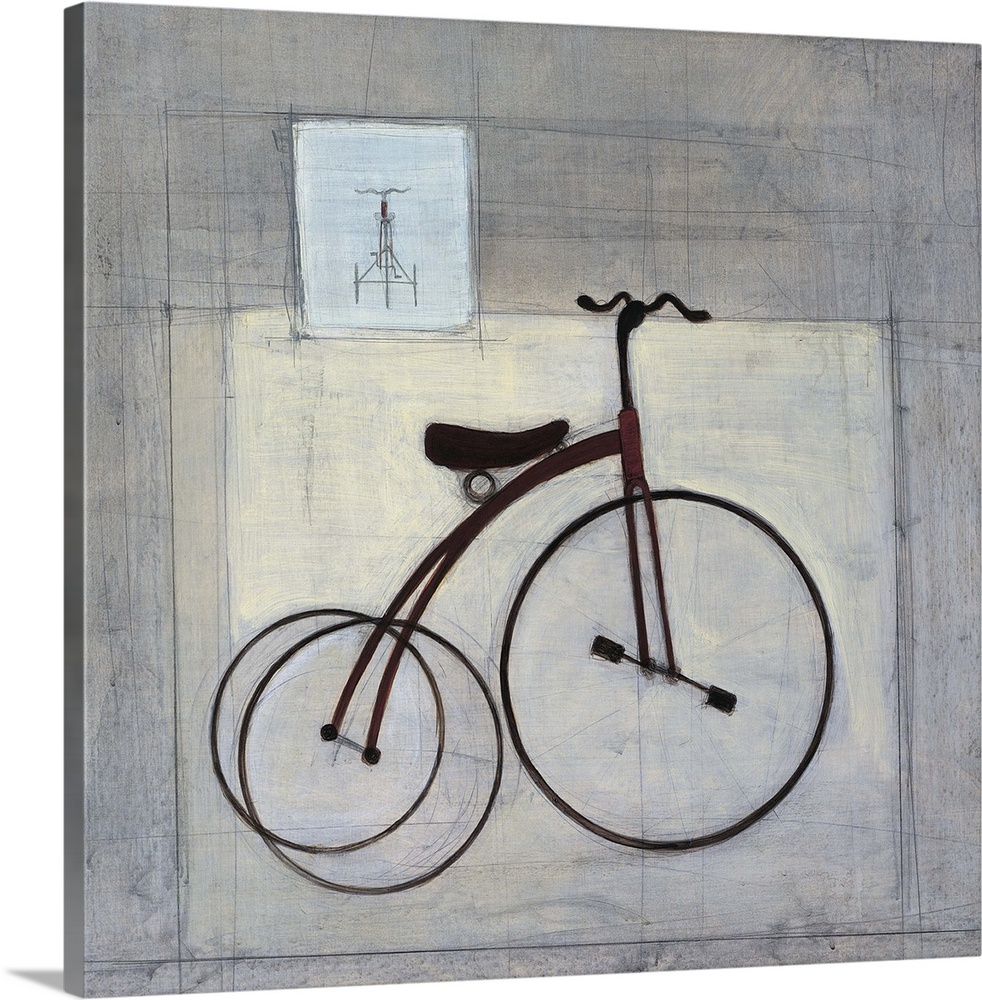 Contemporary painting of large wheeled tricycle against a gray background.