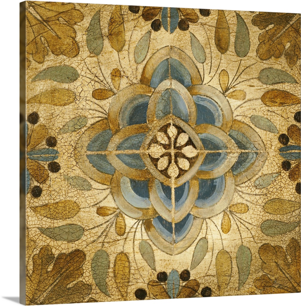 Cracked tiles in a four-up panel in earthy tones with a simple, nature theme of leaves and petals.