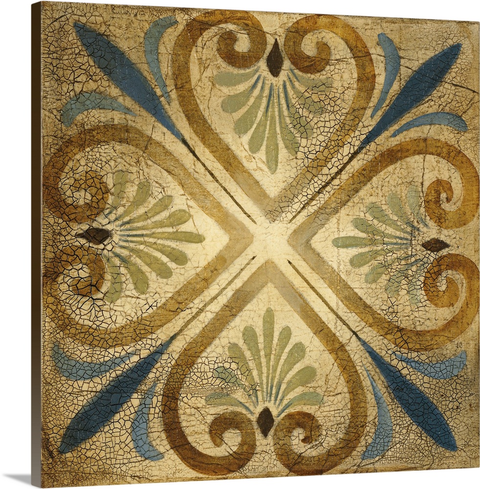 This square shaped decorative accent is inspired by ceramic tiles and part of a series of four wall hangings.