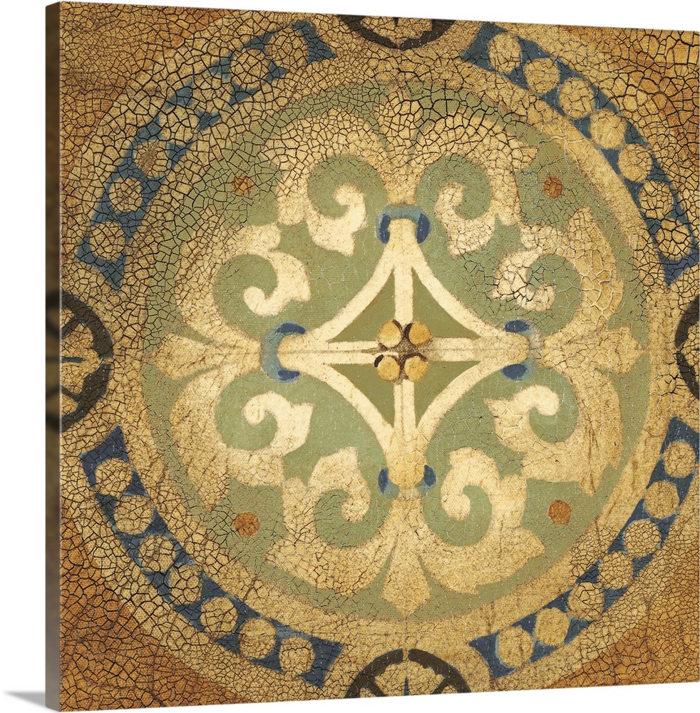Contemporary artwork of an antique tile that is crackling in all four corners.