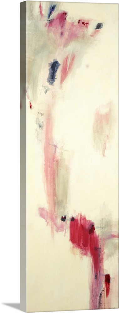 Contemporary abstract painting using splashes of pink against a beige background.