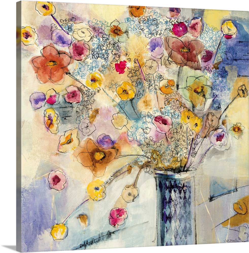 Big, square floral artwork of a vase sitting on a counter, full of long stemmed, assorted flowers in various colors.  Smal...