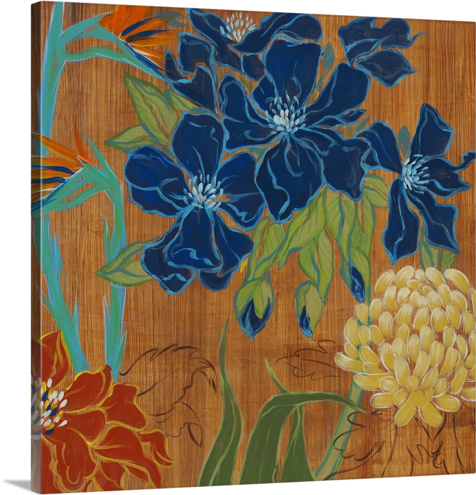 A square abstract painting of large flowers and leaves in bold primary colors on a brown streaked background.