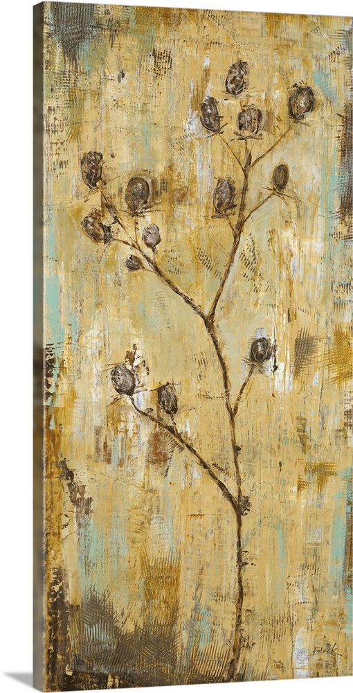 Contemporary painting of a stem of flowers against a neutral background.