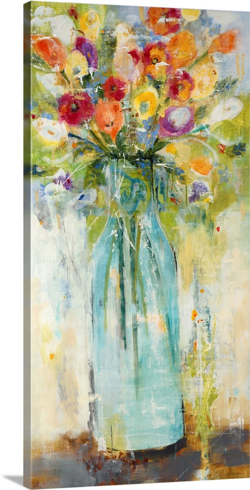 Large panel painting of colorful wildflowers in a glass vase.